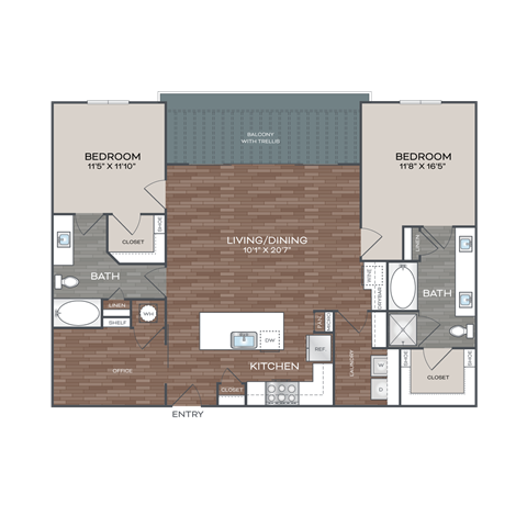 Floor plan for 2 beds, 2 baths, 1382 sqft